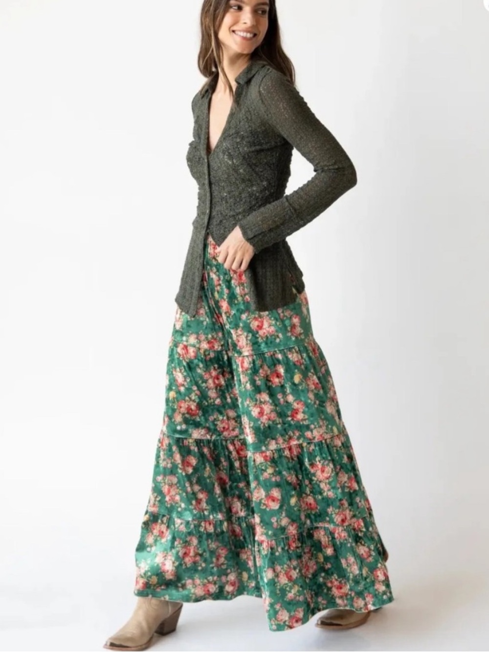 Natural Life Patti Velvet Wide Leg Palazzo Pants Green Floral Size XL